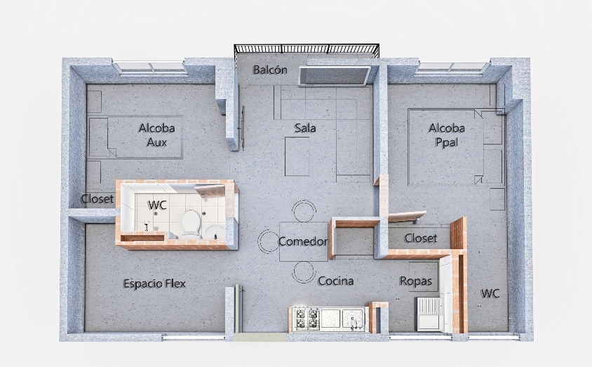 Apto Tipo A, Montebello apartamentos VIS Bucaramanga, Constructora Mardel